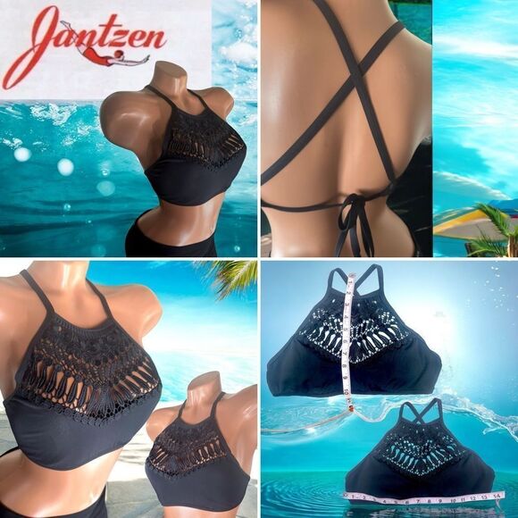 Jantzen Black Crochet Halter Bikini Top l Tie Back l XS l EUC - Picture 10 of 13